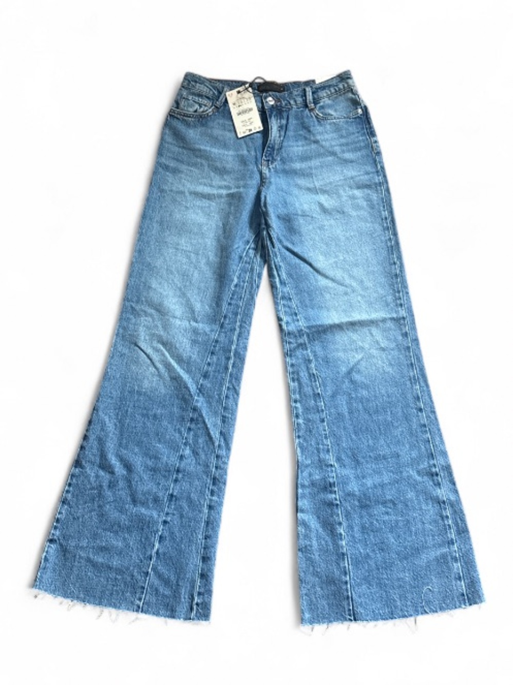 Zara Z1975 Light Blue Flared Wide-Leg Jeans Raw Hem 70s Retro Size 4